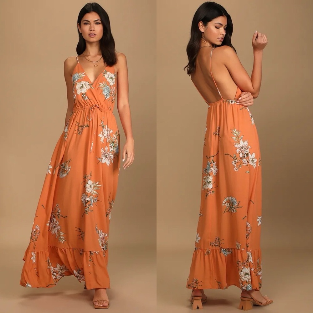 Endless Vacay Orange Floral Print Surplice Maxi Dress